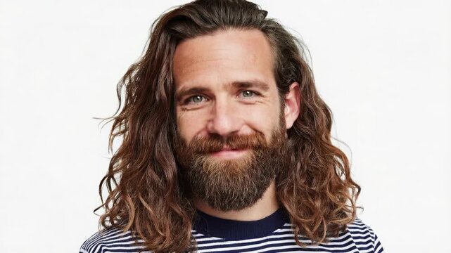 Portrait of confident long haired man smiling gently showcasing authenticity warmth and modern masculine identity in studio setting