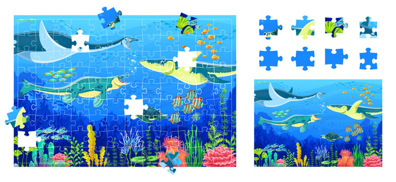 Pieces of jigsaw puzzle game, underwater prehistoric dinosaurs and reptiles. Find piece kids game, jigsaw puzzle quiz or riddle vector worksheet with aquatic underwater dinosaurs cartoon characters