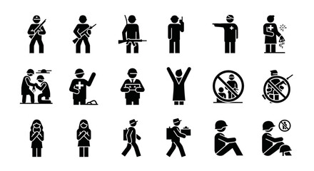 Obraz premium Minimalist black silhouette icon collection featuring twelve abstract human representations related to conflict and war themes. The icons focus on symbolism, emotion, and human roles rather 
