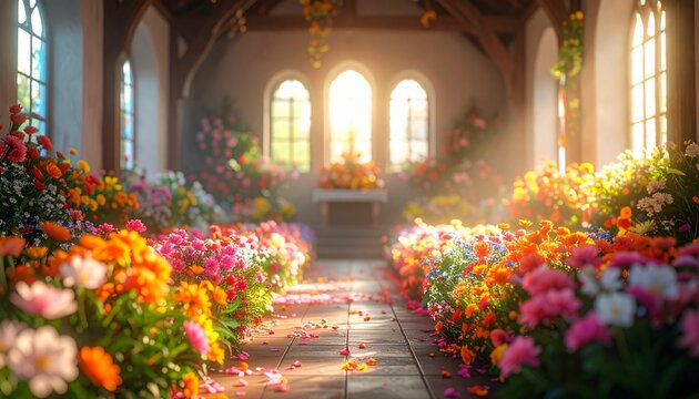 春の柔らかな光に包まれ色とりどりの花々で彩られた神聖で華やかな花御堂