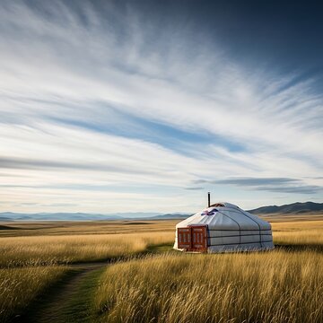 Traditional Mongolian yurt stands on steppe with vast sky overhead