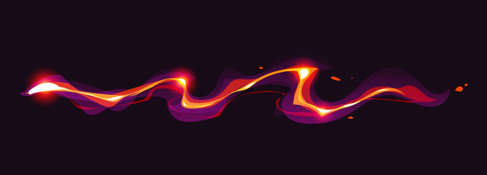Cartoon game red magic power wave, wizard glow vfx light effect, glowing energy with neon light. Vector wizard spell with sparkle trail, fantasy power flow. Abstract fx effect for game or combat scene
