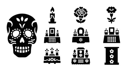 Obraz premium Dia de los muertos icons: bold skull and floral altar elements in black silhouette