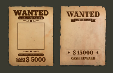 Obraz premium Vintage western wanted vector poster on rough parchment background. Vector cowboy and sheriff wanted dead or alive mockup banner with criminal photo frame and cash reward notice, criminal research