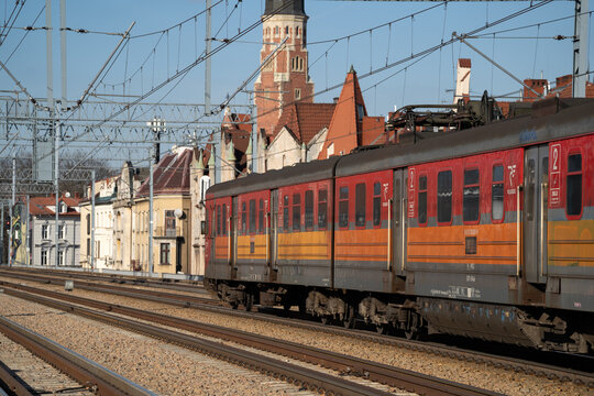 PolRegio EN71 train in Krak&oacute;w. Polish regional rail operator, old multiple unit wagon. Seen on interurban railroad line in Cracow on February 15, 2024 in Krakow, Poland.