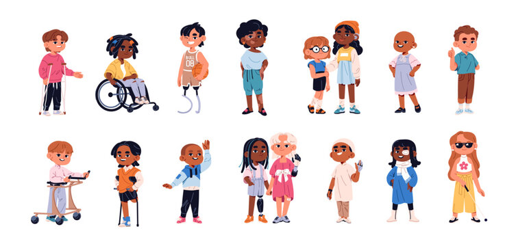 Happy kids with disabilities set. Cute children with hearing aid, crutches, prosthesis are greeting, waving hands. Inclusive child in wheelchair. Flat isolated vector illustrations on white background