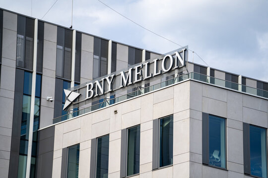 BNY Mellon logo sign at its office. The Bank of New York Mellon Corporation, American international financial services company, asset management and banking firm on June 17, 2024 in Wroclaw, Poland.