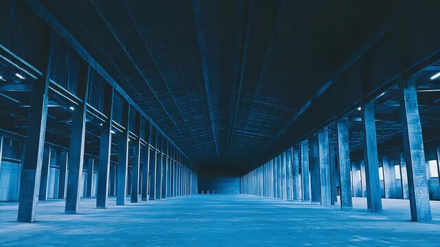 Sprawling industrial warehouse interior showcasing deep perspective with numerous concrete pillars and a vast open space, symbolizing large scale logistics, storage, and infrastructure development