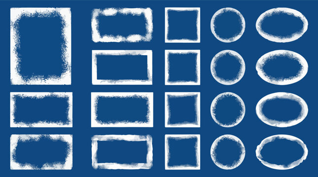 Square and round ice snow frames. Cartoon frozen empty borders circle shape with icicles and snow caps. Christmas decoration vector elements