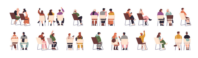 People sit on chairs back view set. Men and women are on seats at seminar, conference, concert or meeting. Behind of audience, spectators. Flat isolated vector illustrations on white background
