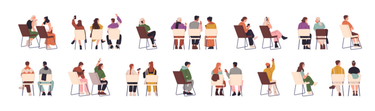 People sit on chairs back view set. Men and women are on seats at seminar, conference, concert or meeting. Behind of audience, spectators. Flat isolated vector illustrations on white background