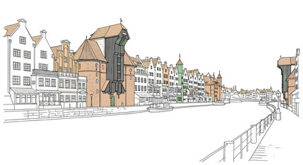 Naklejka premium Colorful linear drawing of european waterfront architecture with historic buildings