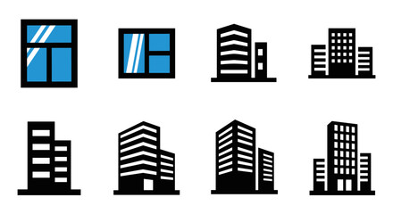 Obraz premium Minimalist building and window icons set in bold silhouette style