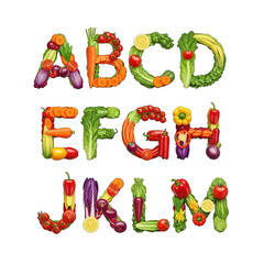 Naklejka premium Alphabet Letters A to M Made of Fresh Vegetables, Isolated PNG