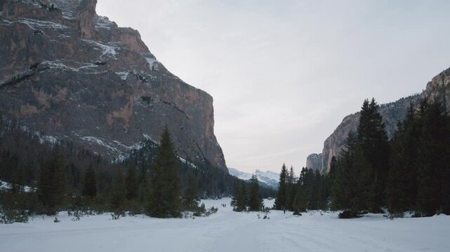 Hidden Dolomites. Snow-covered Vallunga. Beyond Val Gardena.
