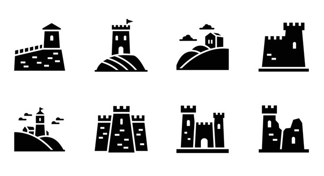 Collection of medieval castle silhouettes on rolling hills with clouds