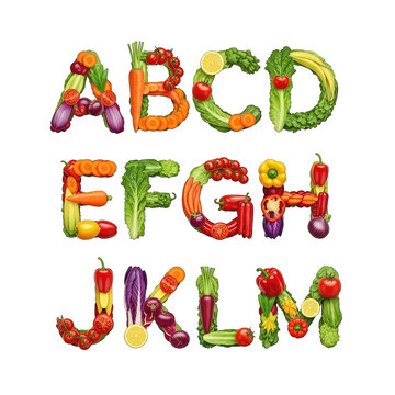 Alphabet Letters A to M Made of Fresh Vegetables, Isolated PNG