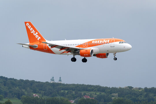EasyJet Airbus A319 airplane landing at John Paul II International Krak&oacute;w Balice Airport near Cracow. Low-cost airline plane final approach, arrival at destination on May 11, 2024 in Krakow, Poland.