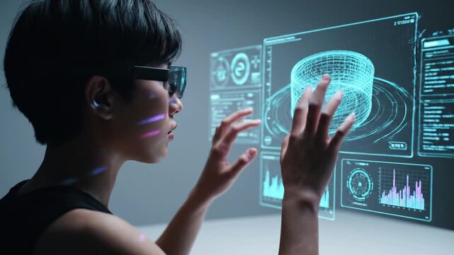 A young woman interacts with a futuristic digital interface displaying advanced technology and data visualizations