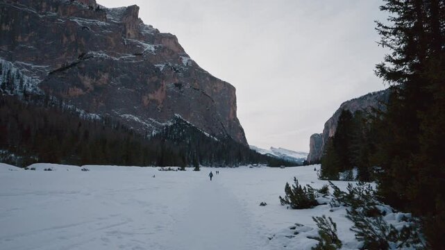 Hidden Dolomites. Snow-covered Vallunga. Beyond Val Gardena.