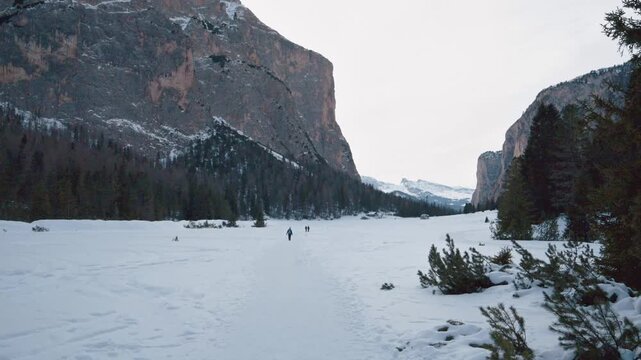Hidden Dolomites. Snow-covered Vallunga. Beyond Val Gardena.