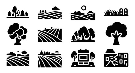 Naklejka premium Minimalist black silhouette nature and landscape icons set collection