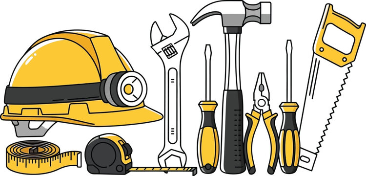Collection of essential construction and home repair tools featuring a yellow safety hard hat and measuring tape on a white background
