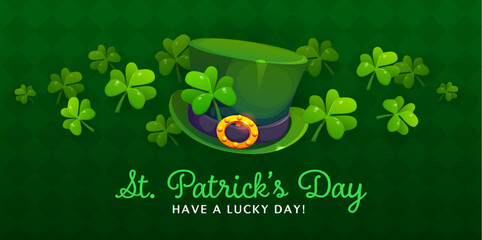 Fototapeta premium Happy St Patrick's day banner with shamrock clovers and leprechaun hat. Irish holiday vector flyer, Saint Patrick festival poster or greeting card with green top hat with golden buckle, clover leaves