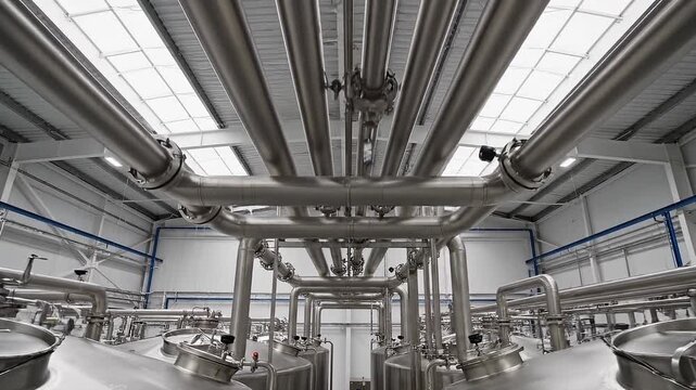 Intricate stainless steel pipework and large tanks in a bright, modern industrial processing facility, for advanced manufacturing and hygienic production