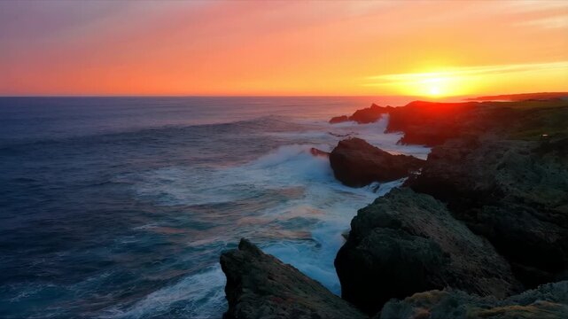 Ocean Cliff Sunset. Spectacular Sunset Casting Warm Hues On Rocky Shores And Foaming Surf Patterns