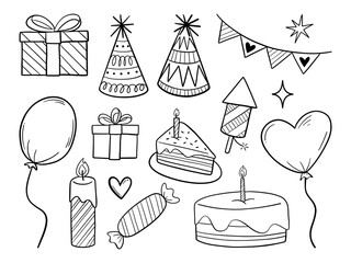 Vector illustration set of cartoon Christmas and birthday party icons featuring a festive holiday collection of Santa hats, cakes, gifts, and winter decorations for celebration designs