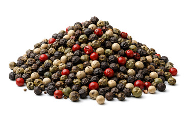 Large pile of mixed peppercorns with black white and red pepper isolated on white background