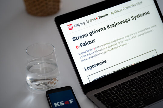 KSeF Krajowy System e-Faktur website on a laptop computer screen. Government e-Invoicing tax platform for issuing, receiving, and storing structured XML invoices on February 17, 2026 in Krakow, Poland