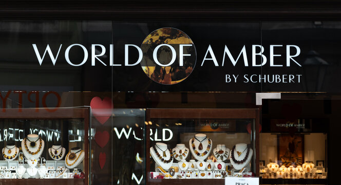 World of Amber by Schubert store logo sign. This jeweler specializes in Baltic amber jewelry, a traditional Polish gemstone known as the Gold of the North on February 15, 2024 in Krakow, Poland.