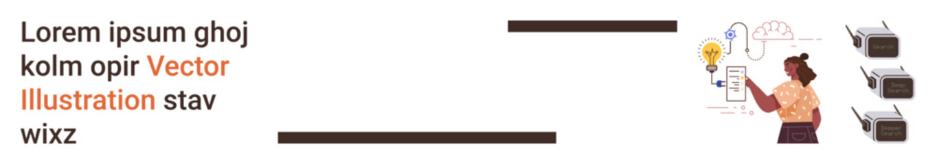 Obraz premium Cloud computing, innovation, technology, network solutions, data sharing, creativity. Woman interacting with device, cloud and gears. Cloud computing and innovation concept