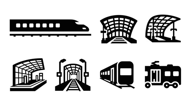 Modern train and station silhouettes: public transit icons in black and white