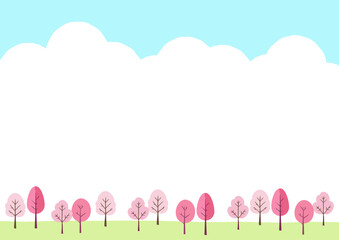 桜の木の風景　青空と桜の手描き風イラスト