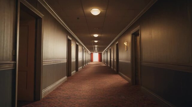Long, dimly lit corridor in a hotel or a building with many closed doors, a textured carpet, and a bright red exit light at the far end, evoking a sense of mystery and transition
