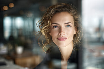 Obraz premium Caucasian businesswoman with curly blonde hair and freckles smiling confidently at camera, seated near a floor - to - ceiling window in a modern office