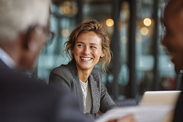 Fototapeta premium Female lawyer in gray blazer with loose bun smiling and leaning forward while discussing a contract with two blurred colleagues in glass - walled office
