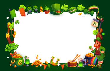 Fototapeta premium Irish St Patrick's day holiday frame. Irish celebration vector greeting card, St Patrick march festive invitation frame with leprechaun pot hat, clovers, golden coins and music instruments, green ale