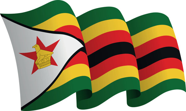 Flag of Zimbabwe. Ribbon style flag that conveys a sense of movement and waving effect
