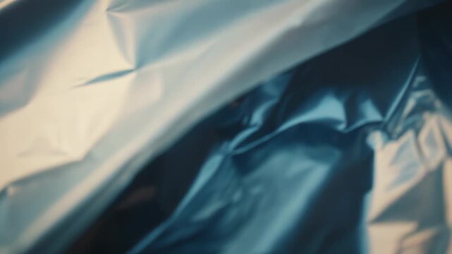 Wrinkled blue metallic foil with reflective creases and shimmering gradients forming a textured, abstract background ideal for modern packaging, fashion, and digital design