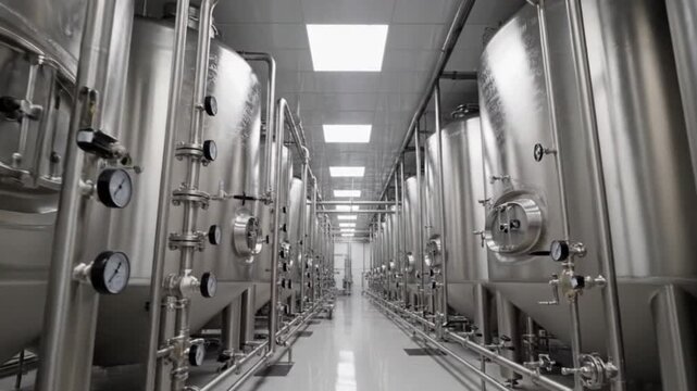 Rows of gleaming stainless steel fermentation tanks in a pristine modern industrial facility, showcasing advanced technology and large-scale production capabilities