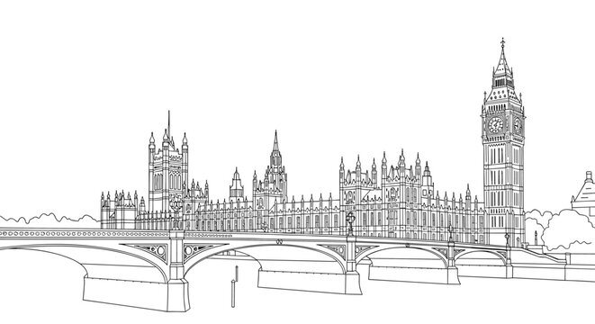Detailed line art of westminster palace and big ben from across the thames river