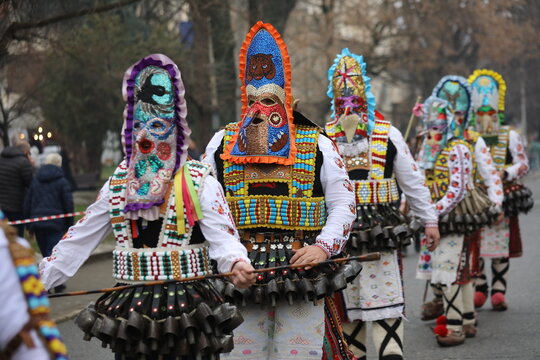 Kyustendil, Bulgaria - February 7, 2026: Third Masquerade Festival "Djamala" in Kyustendil, Bulgaria. People with masks, called Kukeri, dance and play to scare away evil spirits.