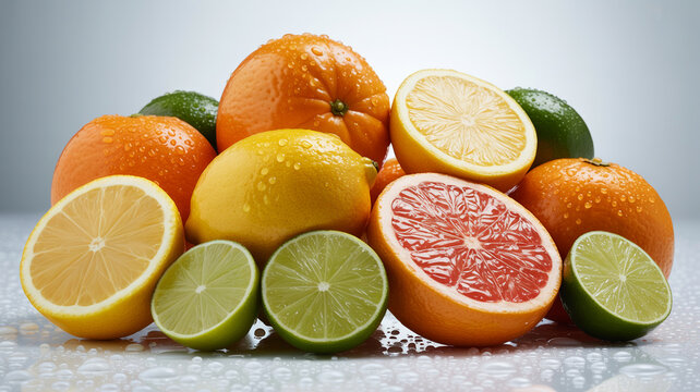 Vibrant citrus fruits assortment: oranges, lemons, limes, grapefruit whole and sliced, covered in ice crystals on light background. Top view flat lay, juicy and refreshing with water droplets and fros