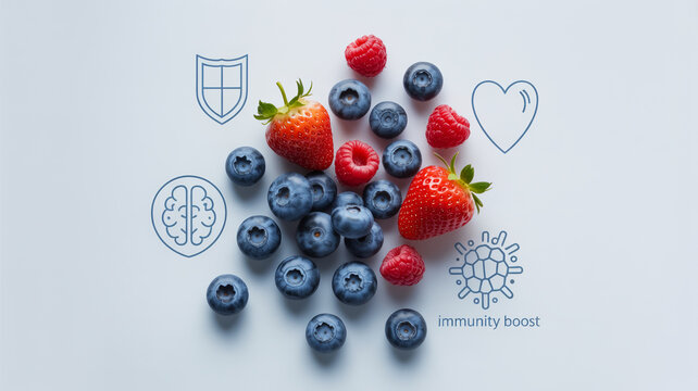 Fresh strawberries and blueberries on light background with brain, heart, shield and molecular icons. Antioxidant-rich superfood. Concept of brain health, cardiovascular protection, immunity, youth an