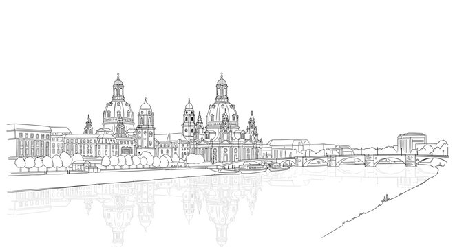 Architectural skyline reflection of dresden in detailed linear art