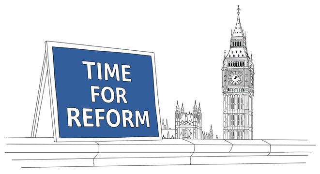 Big ben outline with reform sign: london architectural sketch with political message